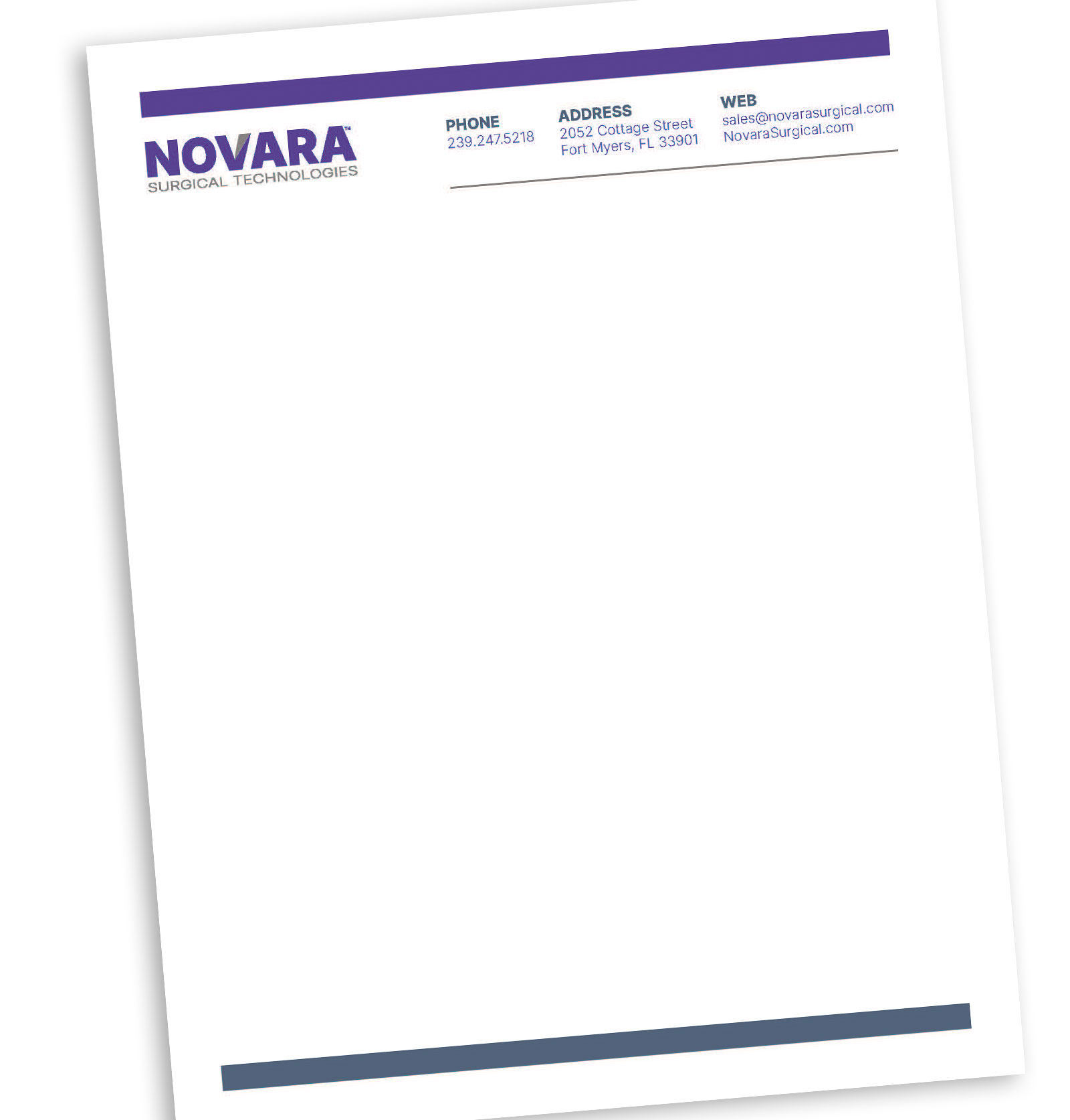 Novara letterhead, logo lockup and brand color swatches